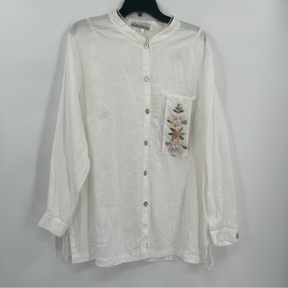 Nino Wong California Womens Size 1X Vintage Linen Button Up Top White Floral - Picture 10 of 10